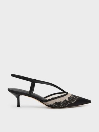 Charles & Keith Satin Embroidered-Mesh Slingback Kitten Heels