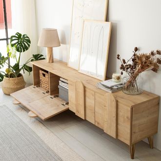 Dmora Mueble Tv Scodosia, 4 Compartimentos, 4 Puertas, Apertura Abatible, 180x35x50 Cm, Roble Claro