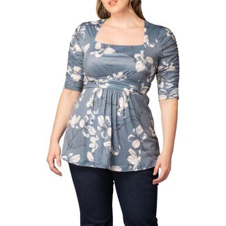 Kiyonna Solstice Ruched Sleeve Top in Grey Lily Print at Nordstrom, Size 1X