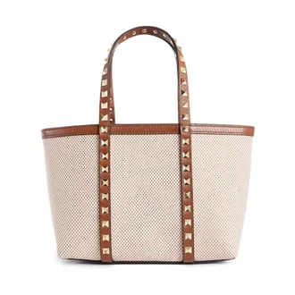 Valentino Garavani Tote Bags, female, Beige, Size: ONE SIZE Mini Tote Rockstud Canvas
