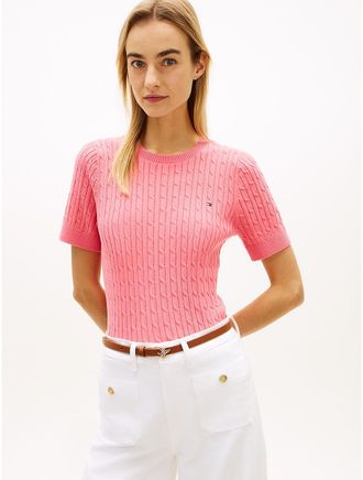 Tommy Hilfiger Womens Short-Sleeve Cable Knit Sweater - Pink - XXL