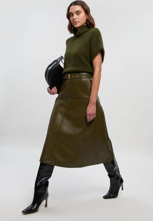 Karen Millen Womens Faux Leather Belted Full skirt - Green Nylon - Size 12 UK