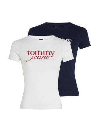 Tommy Jeans T-Shirt TOMMY JEANS TJW 2PACK ESSENTIAL LOGO TEE, Damen, Gr. XL (42), blau (ecru, schwarz night navy), Single Jersey, Obermaterial: 70% Baumwolle, 30%