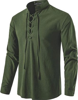 PARKLEES Mens Cotton Retro Lace Up Long Sleeve Shirts for Renaissance Pirate Viking Medieval Halloween Cosplay Costumes Army Green XX-Large