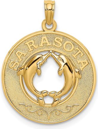 Diamond2Deal 14k Yellow Gold SARASOTA with Dolphins Circle Charm Pendant