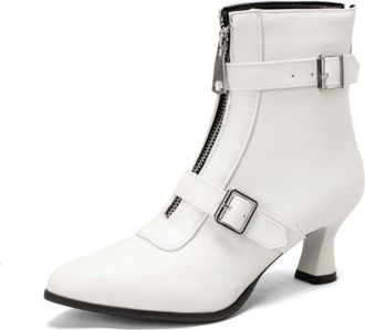 Generic Womens Pointed Toe 5.5cm Kitten Heel Dressy Ankle Boots with Buckle & Zip for Casual,White PU,5.5 UK