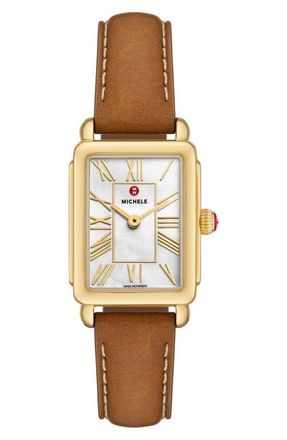 Michele Deco Park Mother-of-Pearl Leather Strap Watch, 23mm x 29mm in Brown /Gold at Nordstrom