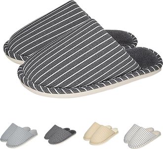 Generic Striped Slippers for Women Men Plush Slip on Slippers, Warm and Comfort Memory Foam, Winter Anti-Slip Soles Home Slipper for Indoor Outdoor Black
