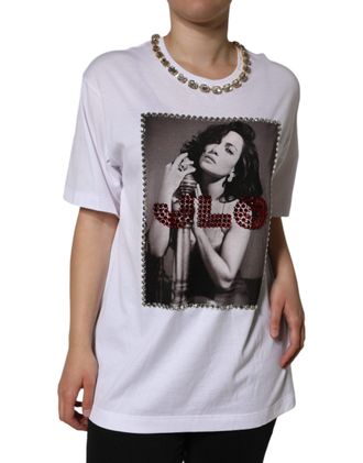 Dolce & Gabbana Womens White Crystal Neckline Embellished Printed T-Shirt Cotton