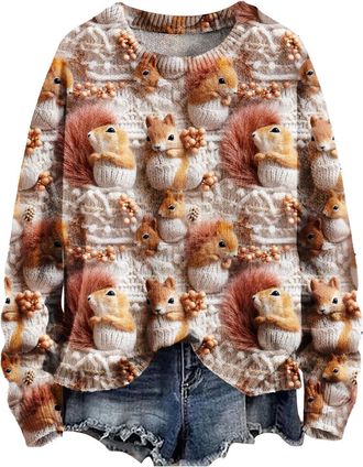 Generic Oversized Hoodie Women Holiday Essentials for Family Christmas Jumpers for Women Plus Size Long Sleeve Knit Sweater Fashion Christmas Artistic Print S