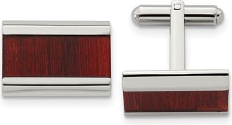 Diamond2Deal Stainless Steel Polished Red Koa Wood Inlay Rectangle Cufflinks