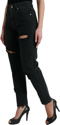 Dolce & Gabbana Womens Black Cotton High Waist Tattered Denim Jeans Clothing