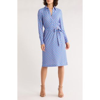 Brooks Brothers Geo Print Belted Long Sleeve Shirtdress in Blue/Multi at Nordstrom Rack, Size Large