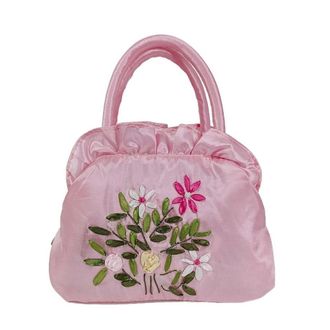 Generic Ethnic Style Tote Bag, Small Purse Wallet, Embroidery Flower Satin Silk Handbag, Zipper Flower Wrist Bag for Women Phone Cosmetic(pink)