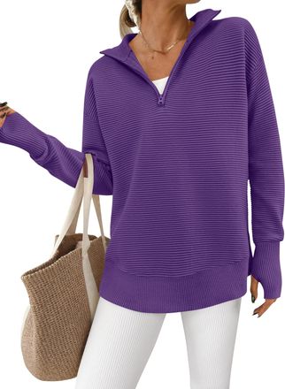 PrettyGarden Womens Long Sleeve Quarter Zip Pullover Sweater Casual Loose V Neck Collared Ribbed Knit Jumper Tops Thumb Hole, Purple, M