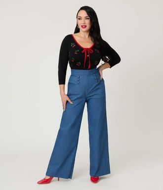 Unique Vintage 1940s Ginger Wide Leg Pants in Blue Chambray at Nordstrom, Size X-Large