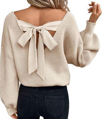 Generic Jumpers for Women UK Causal Bow Twisted Back Knitted Sweaters Crew Neck Baggy Soft Comfy Backless Jumpers Chic Fall Sweater from Office to Weekend (Be