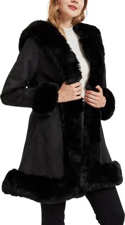 Generic Suede Jacket With Faux Fur Collar for Women,Winter Warm Coat with Belt Outerwear (Black,3XL)