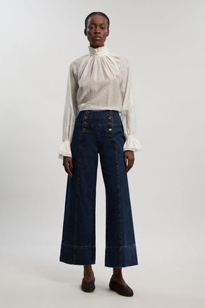 Karen Millen Womens Denim Button Front Wide Leg Jeans - Blue Cotton - Size 12 UK