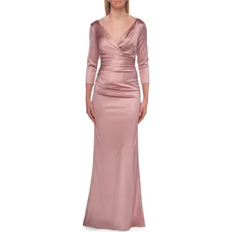 La Femme V-Neck Satin Gown with Ruched Bodice and Sleeves in Mauve at Nordstrom, Size 12