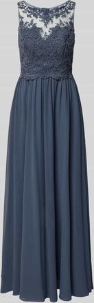 Laona Abendkleid mit Ziersteinen und floralen Stickereien in Rauchblau, Gr&ouml;&szlig;e 32