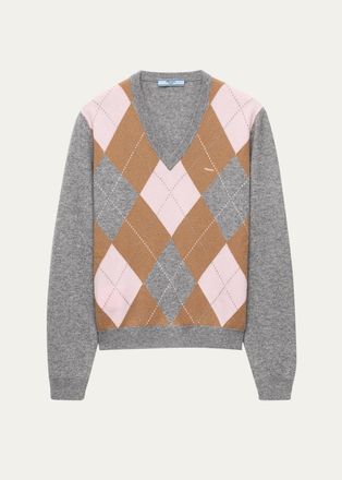 Prada Argyle Cashmere V-Neck Sweater
