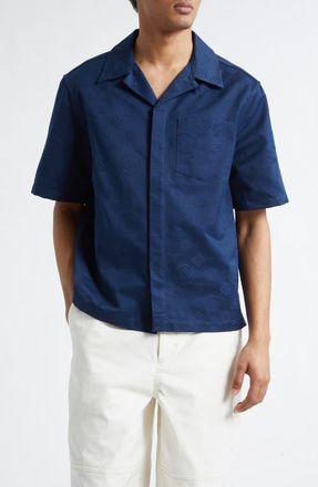 Casablanca Monogram Cotton Poplin Camp Shirt in Navy at Nordstrom, Size X-Large