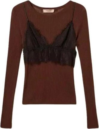 Twinset Sheer Cotton-Silk Knit met kanten camisole - Dames - Longsleeves - Bruin - M - Katoen - Tops