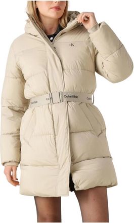 Calvin Klein Belted Midweight Long Puffer - Dames - Parka Jassen - Beige - L - Leer - Jassen