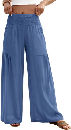 Heekpek Linen Trousers Womens Summer Wide Leg Baggy Lounge Pants Pleated Elasticated Waist Comfy Lightweight Beach Trousers with Pocket, Dark Blue, XL