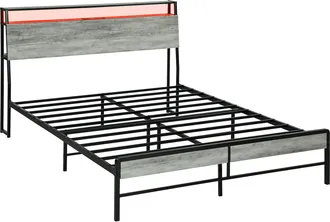 HOMCOM LED Cement Grey Bed Frame with Charging Station - 150 x 200cm | TJ Hughes