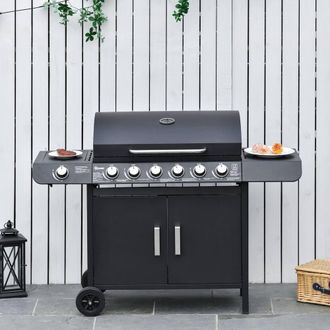 OUTSUNNY 6+1 Burner Gas BBQ Grill Garden Barbecue with Wheels Cabinet in Black