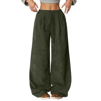 Generic Wide Leg Trousers for Women UK Drawstring Elastic Waist Pants Barrel Leg High Waist Corduroy Trousers with Pockets Ladies Elegant Loose Lounge Palazzo
