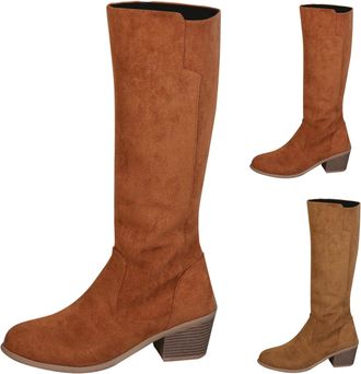 Generic Suede Knee High Boots for Women Winter Chunky High Heel Dress Tall Boot with Side Zipper Ladies Slouchy Retro Round Toe Brown Cowboy Boots