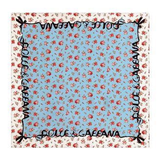 Dolce & Gabbana Silky Scarves, female, Multicolor, Size: ONE SIZE Silk Twill Scarf with Rose and Logo Print