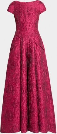 Talbot Runhof Poiret Rose Jacquard Short-Sleeve Ball Gown