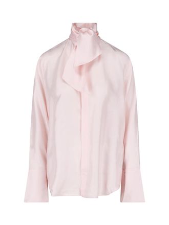 SA SU PHI Pink Lavalli&egrave;re High Collar Satin-Blend Blouse