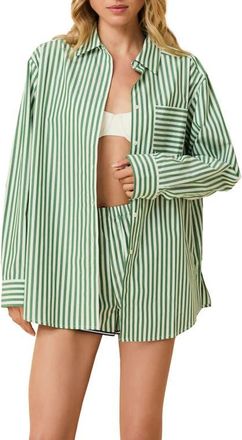 Solid & Striped The Avril Stripe Cotton Button-Up Shirt in Tennis Green at Nordstrom, Size X-Small