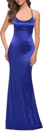 La Femme Chic Stretch Satin Gown with Scoop Neck and Open Back in Royal Blue at Nordstrom, Size 12