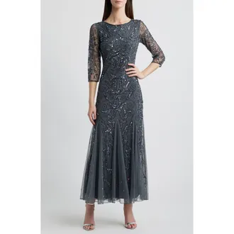 Pisarro Nights Illusion Sleeve Beaded A-Line Gown in Jbs Smoke at Nordstrom, Size 16