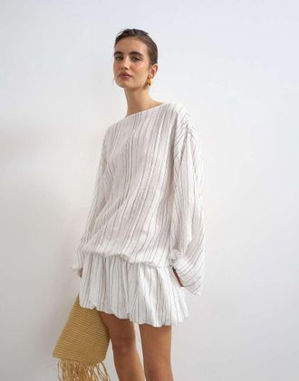 Topshop Vestito corto a maniche lunghe bianco a righe