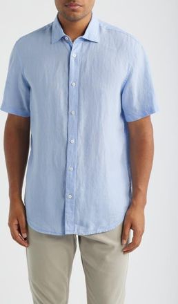 Bugatchi Orson Shaped Fit Short Sleeve Linen Button-Up Shirt in Sky at Nordstrom, Size Xxx-Large