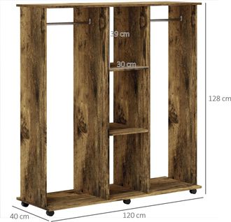 HOMCOM Mobile Double Open Wardrobe w/ Clothes Hanging Rail Colthing - Rustic Brown | TJ Hughes