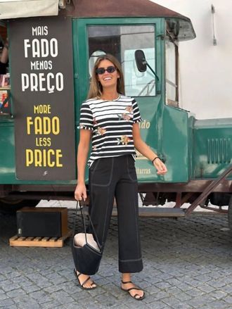 Vilagallo Wide Leg Contrast Stitch Trousers In Black