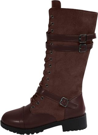 Generic Womens Lace Up Boots Casual Stretch Walking Boot Stylish Vintage Low Chunky Heel Classic Buckle Side Zipper Comfy Non-Slip Mid Calf Boots Outdoor