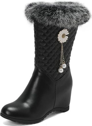 Generic Womens Round Toe Hidden Wedge Heel Winter Snow Boots with Side Zipper Warm Short Booties (Black,5.5)