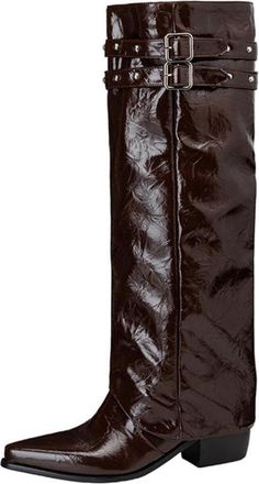 Generic Womens Knee High Ankle Boots Patent Studded Buckle Straps Pointed Toe Chunky Heels Comfortable Non Slip Durable Shoes For Party Streetwear Daily Casua