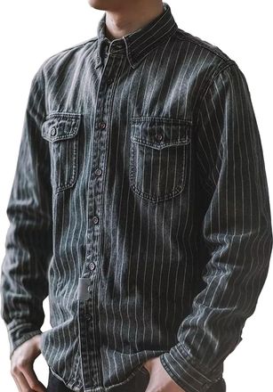 Generic Mens Denim Shirt Long Sleeve Slim Fit Vintage Striped Casual Work Jean Shirt Coat with Dual Front Pockets Dark Gray XX-Large