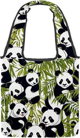 Generic Cute Panda Pattern Reversible Canvas Shoulder Tote - Double-Sided Print, 12oz Cotton, 27cm Drop, Fold-Flat Bag for Travel, Shopping, Street Outings