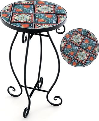 Costway Costway - Mesa Auxiliar De Exterior Mosaico, Mesa De Jard&iacute;n Redonda Con Tablero De Cer&aacute;mica Resistente, Soporte Para Plantas Peque&ntilde;a Para Balc&oacute;n Patio